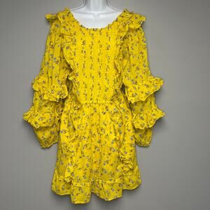 Happy Nature Yellow Floral Ruffle Romantic Boho Hippie Country Dress Womens Sz L